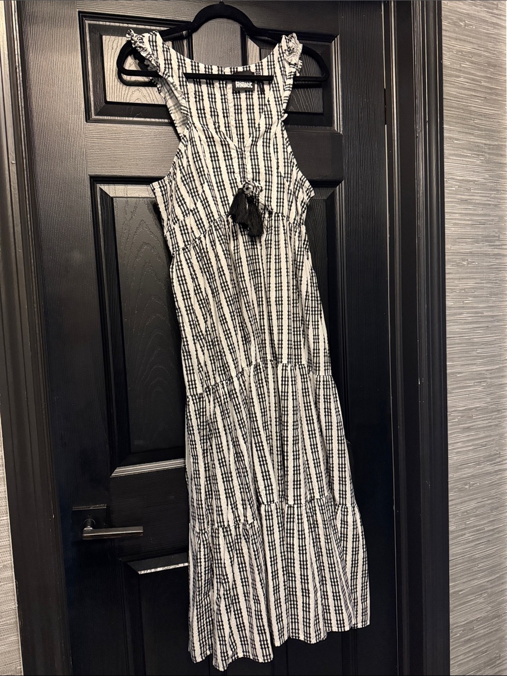 Reclaimed Vintage Black & White Striped Tiered Maxi Dress with Tassel